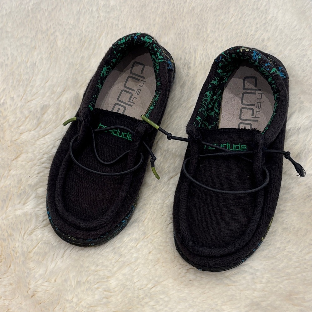 Hey Dude Black and Green Kids Moccasins